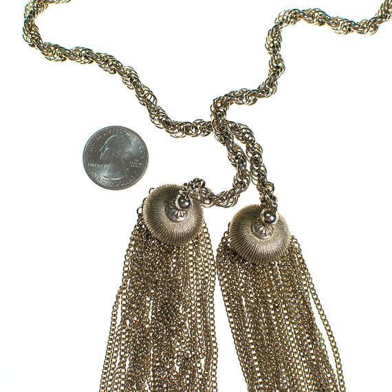 Vintage Gold Tone Lariate Tassel Necklace by 1960s - Vintage Meet Modern Vintage Jewelry - Chicago, Illinois - #oldhollywoodglamour #vintagemeetmodern #designervintage #jewelrybox #antiquejewelry #vintagejewelry