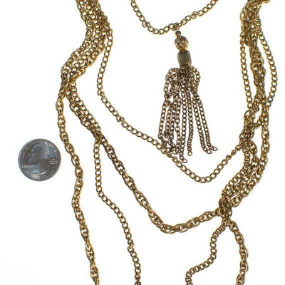 Gold tone multi chain necklace with center tassel pendant by 1960s - Vintage Meet Modern Vintage Jewelry - Chicago, Illinois - #oldhollywoodglamour #vintagemeetmodern #designervintage #jewelrybox #antiquejewelry #vintagejewelry