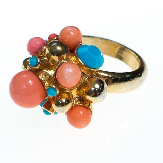 Vintage Coral and Turquoise Bead Statement Ring