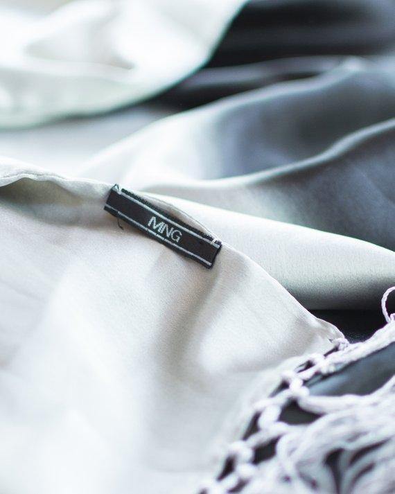 MNG Black and Gray Silky Evening Wrap, Fringe by 1980s - Vintage Meet Modern Vintage Jewelry - Chicago, Illinois - #oldhollywoodglamour #vintagemeetmodern #designervintage #jewelrybox #antiquejewelry #vintagejewelry