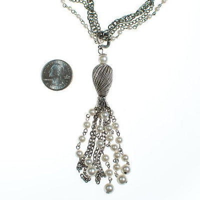 Vintage Pearl and Silver Chain Tassel Necklace by 1970s - Vintage Meet Modern Vintage Jewelry - Chicago, Illinois - #oldhollywoodglamour #vintagemeetmodern #designervintage #jewelrybox #antiquejewelry #vintagejewelry