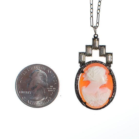 Art Deco Era Vintage Carved Shell Cameo Pendant Necklace with Baguette Rhinestones Set In Sterling Silver by 1920s - Vintage Meet Modern Vintage Jewelry - Chicago, Illinois - #oldhollywoodglamour #vintagemeetmodern #designervintage #jewelrybox #antiquejewelry #vintagejewelry