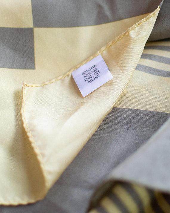 Yellow and Taupe 100% Silk Scarf Geometric Lines and Squares by 1980s - Vintage Meet Modern Vintage Jewelry - Chicago, Illinois - #oldhollywoodglamour #vintagemeetmodern #designervintage #jewelrybox #antiquejewelry #vintagejewelry