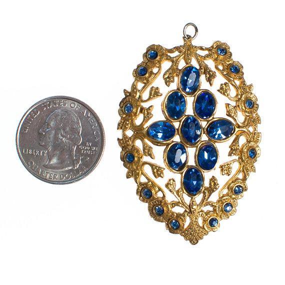 Vintage Czech Gilt Gold Tone Sapphire Blue Crystal Pendant by 1940s - Vintage Meet Modern Vintage Jewelry - Chicago, Illinois - #oldhollywoodglamour #vintagemeetmodern #designervintage #jewelrybox #antiquejewelry #vintagejewelry