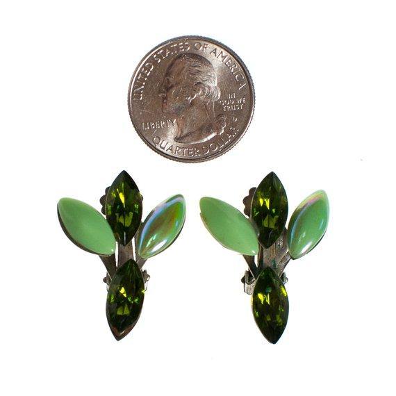 Vintage 1950s Light Green and Dark Green Rhinestone Statement Earrings, Clip On by 1950s - Vintage Meet Modern Vintage Jewelry - Chicago, Illinois - #oldhollywoodglamour #vintagemeetmodern #designervintage #jewelrybox #antiquejewelry #vintagejewelry