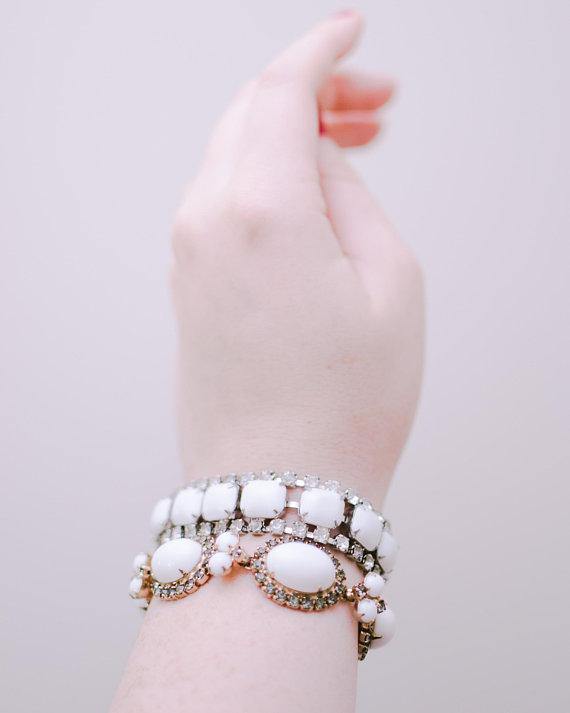 Vintage Milk Glass and Diamante Rhinestone Bracelet by 1960s - Vintage Meet Modern Vintage Jewelry - Chicago, Illinois - #oldhollywoodglamour #vintagemeetmodern #designervintage #jewelrybox #antiquejewelry #vintagejewelry