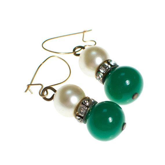 Vintage Faux Pearl, Green Glass Earrings, 1970's, Dangle Earrings, Clear Rondelle Rhinestones by 1970s - Vintage Meet Modern Vintage Jewelry - Chicago, Illinois - #oldhollywoodglamour #vintagemeetmodern #designervintage #jewelrybox #antiquejewelry #vintagejewelry