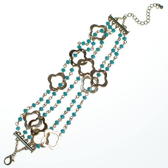 Vintage Turquoise and Quatrafoil Charm Multi Strand Bracelet by 1990s - Vintage Meet Modern Vintage Jewelry - Chicago, Illinois - #oldhollywoodglamour #vintagemeetmodern #designervintage #jewelrybox #antiquejewelry #vintagejewelry