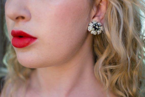 Vintage Nolan Miller Black Diamond and Diamante Crystal Camelia Statement Earrings, Clip On by Nolan Miller - Vintage Meet Modern Vintage Jewelry - Chicago, Illinois - #oldhollywoodglamour #vintagemeetmodern #designervintage #jewelrybox #antiquejewelry #vintagejewelry