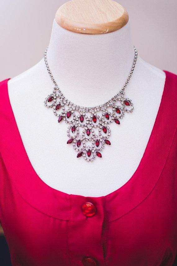 Vintage Art Ruby Red and Diamante Rhinestone Bib Necklace by Art Deco - Vintage Meet Modern Vintage Jewelry - Chicago, Illinois - #oldhollywoodglamour #vintagemeetmodern #designervintage #jewelrybox #antiquejewelry #vintagejewelry