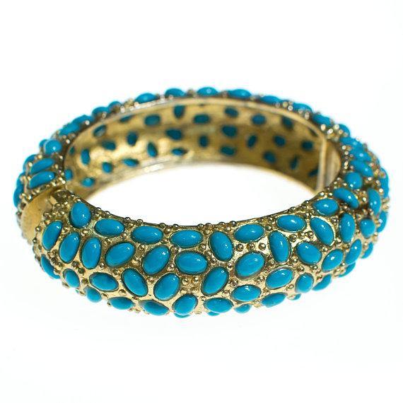 Vintage Turquoise Cabochon Bangle Bracelet, 1960s by 1960s - Vintage Meet Modern Vintage Jewelry - Chicago, Illinois - #oldhollywoodglamour #vintagemeetmodern #designervintage #jewelrybox #antiquejewelry #vintagejewelry