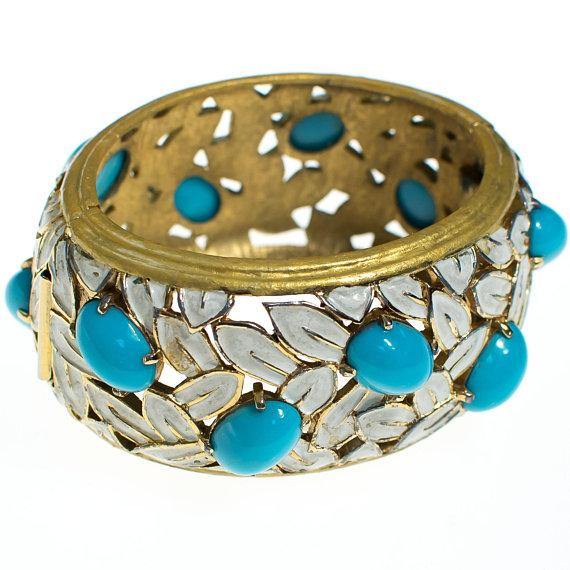 Vintage Jomaz White Flower and Turquoise Cabochon Wide Hinged Bangle Bracelet by 1960s - Vintage Meet Modern Vintage Jewelry - Chicago, Illinois - #oldhollywoodglamour #vintagemeetmodern #designervintage #jewelrybox #antiquejewelry #vintagejewelry