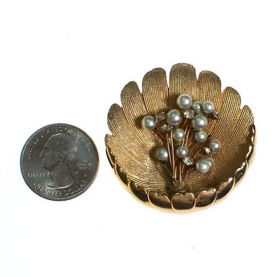 Vintage Gold Shell Brooch With Pearls and Rhinestones by 1960s - Vintage Meet Modern Vintage Jewelry - Chicago, Illinois - #oldhollywoodglamour #vintagemeetmodern #designervintage #jewelrybox #antiquejewelry #vintagejewelry