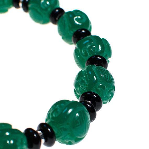 Vintage Kenneth Jay Lane Carved Jade Bead, Black Onyx Bead and Rhinestone Necklace by Kenneth Jay Lane - Vintage Meet Modern Vintage Jewelry - Chicago, Illinois - #oldhollywoodglamour #vintagemeetmodern #designervintage #jewelrybox #antiquejewelry #vintagejewelry