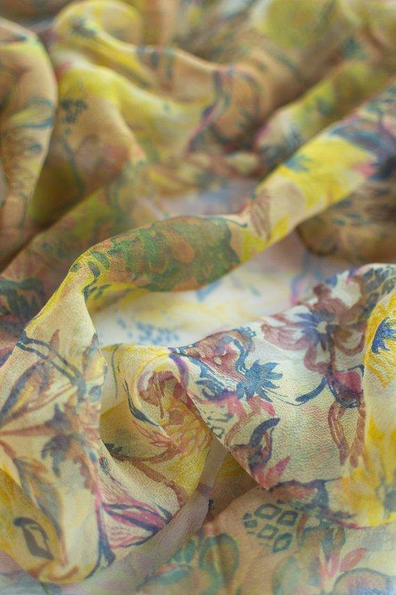 Sheer Floral Scarf Gold with Blue, Red, and Earth Tone Flowers by Sheer Floral - Vintage Meet Modern Vintage Jewelry - Chicago, Illinois - #oldhollywoodglamour #vintagemeetmodern #designervintage #jewelrybox #antiquejewelry #vintagejewelry