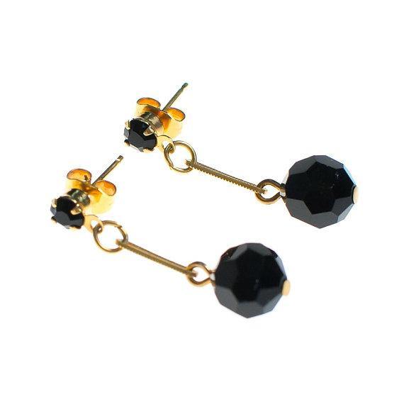 Vintage Jet Black Beaded Dangle Earrings, Post, Gold Tone by 1970s - Vintage Meet Modern Vintage Jewelry - Chicago, Illinois - #oldhollywoodglamour #vintagemeetmodern #designervintage #jewelrybox #antiquejewelry #vintagejewelry