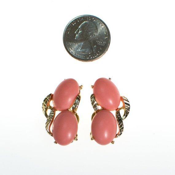 Vintage Blush Pink Lucite Statement Earrings, Gold Tone, Clip-on by 1950s - Vintage Meet Modern Vintage Jewelry - Chicago, Illinois - #oldhollywoodglamour #vintagemeetmodern #designervintage #jewelrybox #antiquejewelry #vintagejewelry