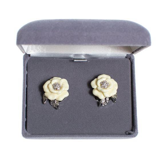 Vintage Nolan Miller Camelia Earrings With Diamante Crystals, Clip On by Nolan Miller - Vintage Meet Modern Vintage Jewelry - Chicago, Illinois - #oldhollywoodglamour #vintagemeetmodern #designervintage #jewelrybox #antiquejewelry #vintagejewelry