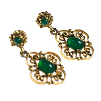 Vintage Jade Glass and Gold Filigree Dangling Pierced Statement Earrings Victorian Revival by 1960s - Vintage Meet Modern Vintage Jewelry - Chicago, Illinois - #oldhollywoodglamour #vintagemeetmodern #designervintage #jewelrybox #antiquejewelry #vintagejewelry