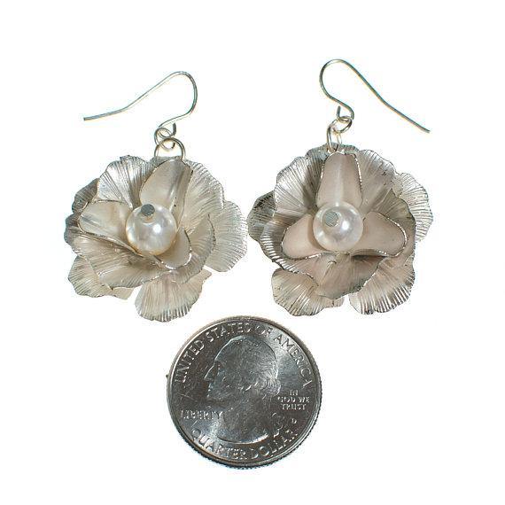 Vintage Silver Camellia Flower Earrings with Pearl Centers by Camellia - Vintage Meet Modern Vintage Jewelry - Chicago, Illinois - #oldhollywoodglamour #vintagemeetmodern #designervintage #jewelrybox #antiquejewelry #vintagejewelry