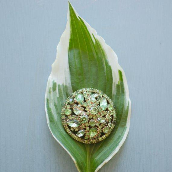 Vintage Green Rhinestone Brooch by 1960s - Vintage Meet Modern Vintage Jewelry - Chicago, Illinois - #oldhollywoodglamour #vintagemeetmodern #designervintage #jewelrybox #antiquejewelry #vintagejewelry