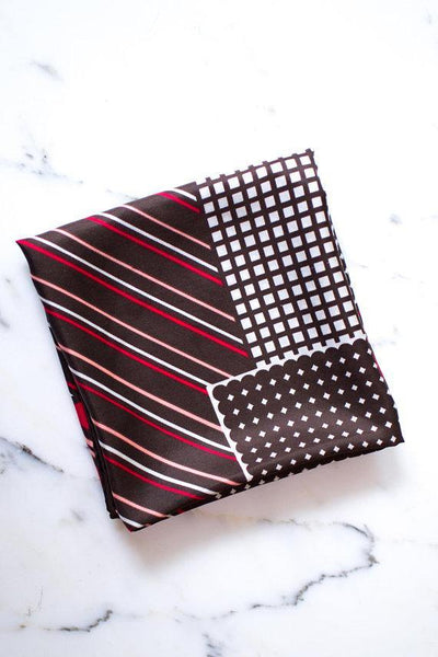 Pierre Cardin Silk Scarf, Geometric Design, Brown, White, Pink, and Red, Stripes and Squares by Pierre Cardin - Vintage Meet Modern Vintage Jewelry - Chicago, Illinois - #oldhollywoodglamour #vintagemeetmodern #designervintage #jewelrybox #antiquejewelry #vintagejewelry