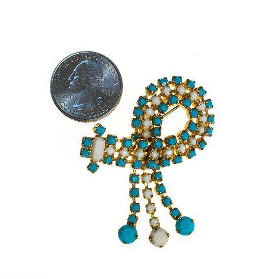 Vintage Milk Glass and Turquoise Rhinestone Brooch with Tassels by 1960s - Vintage Meet Modern Vintage Jewelry - Chicago, Illinois - #oldhollywoodglamour #vintagemeetmodern #designervintage #jewelrybox #antiquejewelry #vintagejewelry