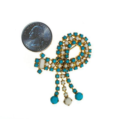 Vintage Milk Glass and Turquoise Rhinestone Brooch with Tassels by 1960s - Vintage Meet Modern Vintage Jewelry - Chicago, Illinois - #oldhollywoodglamour #vintagemeetmodern #designervintage #jewelrybox #antiquejewelry #vintagejewelry