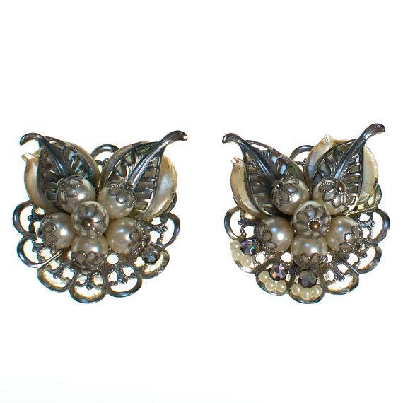 Vintage Silver Tone Large Lily of the Valley Flower Statement Earrings, Lucite Leaves, Faux Pearls, Clip-on