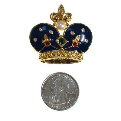Vintage Napier Royal Crown Brooch Navy Blue Enamel with Jewel Tone Rhinestones and Faux Pearls by 1980s - Vintage Meet Modern Vintage Jewelry - Chicago, Illinois - #oldhollywoodglamour #vintagemeetmodern #designervintage #jewelrybox #antiquejewelry #vintagejewelry