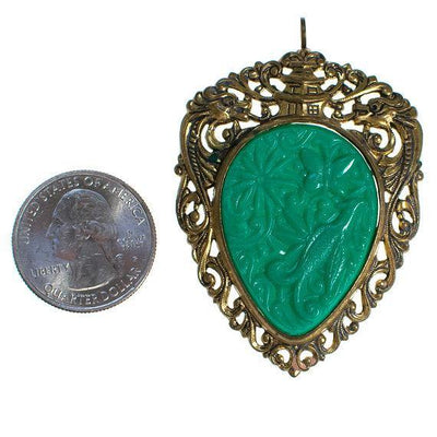Vintage 1940s Gold Gilt Filigree Asian Influence Brooch Pendant with Faux Jade Carved Floral Relief by 1940s - Vintage Meet Modern Vintage Jewelry - Chicago, Illinois - #oldhollywoodglamour #vintagemeetmodern #designervintage #jewelrybox #antiquejewelry #vintagejewelry