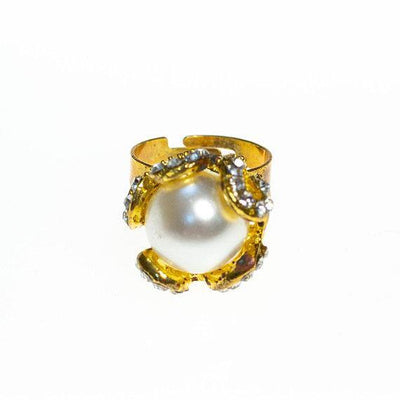 Vintage Faux Pearl and Rhinestones Statement Cocktail Ring, Adjustable by 1960s - Vintage Meet Modern Vintage Jewelry - Chicago, Illinois - #oldhollywoodglamour #vintagemeetmodern #designervintage #jewelrybox #antiquejewelry #vintagejewelry
