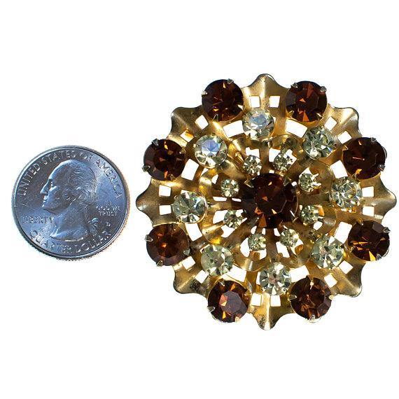 Vintage Yellow and Amber Rhinestone Round Medallion Brooch by 1960s - Vintage Meet Modern Vintage Jewelry - Chicago, Illinois - #oldhollywoodglamour #vintagemeetmodern #designervintage #jewelrybox #antiquejewelry #vintagejewelry