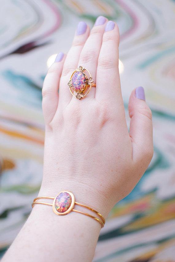Vintage Gold Czech Opal Glass Cuff Bracelet Adjustable Harlequin Glass Fire Opal by 1960s - Vintage Meet Modern Vintage Jewelry - Chicago, Illinois - #oldhollywoodglamour #vintagemeetmodern #designervintage #jewelrybox #antiquejewelry #vintagejewelry