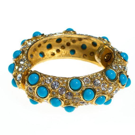 Vintage Rhinestone and Turquoise Cabochon Hinged Bangle Bracelet by 1960s - Vintage Meet Modern Vintage Jewelry - Chicago, Illinois - #oldhollywoodglamour #vintagemeetmodern #designervintage #jewelrybox #antiquejewelry #vintagejewelry
