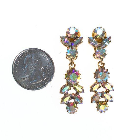 Vintage Aurora Borealis Rhinestone Chandelier Statement Earrings, Clip On, Dangling by Aurora Borealis - Vintage Meet Modern Vintage Jewelry - Chicago, Illinois - #oldhollywoodglamour #vintagemeetmodern #designervintage #jewelrybox #antiquejewelry #vintagejewelry