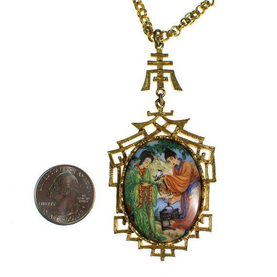 Vintage 1960s Asian Garden Scene Necklace with Geisha, Statement Necklace, Long Pendant by 1960s - Vintage Meet Modern Vintage Jewelry - Chicago, Illinois - #oldhollywoodglamour #vintagemeetmodern #designervintage #jewelrybox #antiquejewelry #vintagejewelry