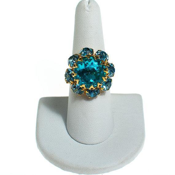 Vintage 1960's Blue Crystal Cocktail Ring, Adjustable Band by 1960s - Vintage Meet Modern Vintage Jewelry - Chicago, Illinois - #oldhollywoodglamour #vintagemeetmodern #designervintage #jewelrybox #antiquejewelry #vintagejewelry