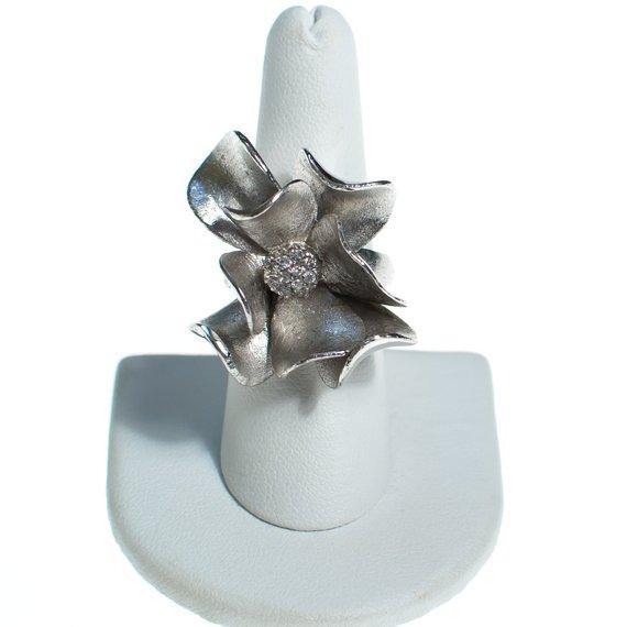 Vintage Silver Flower Statement Ring, Clear Rhinestone Center, Large Silver Flower by 1960s - Vintage Meet Modern Vintage Jewelry - Chicago, Illinois - #oldhollywoodglamour #vintagemeetmodern #designervintage #jewelrybox #antiquejewelry #vintagejewelry
