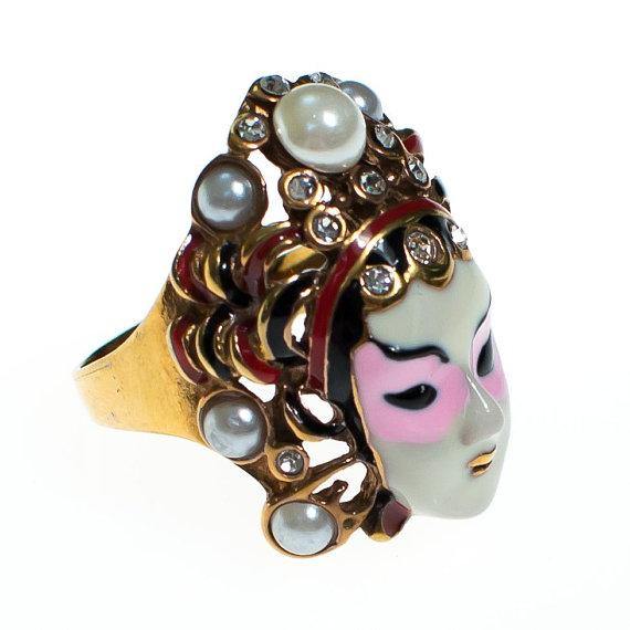 Vintage Asian Goddess Princess Mask Ring with Rhinestones and Pearls by 1990s - Vintage Meet Modern Vintage Jewelry - Chicago, Illinois - #oldhollywoodglamour #vintagemeetmodern #designervintage #jewelrybox #antiquejewelry #vintagejewelry