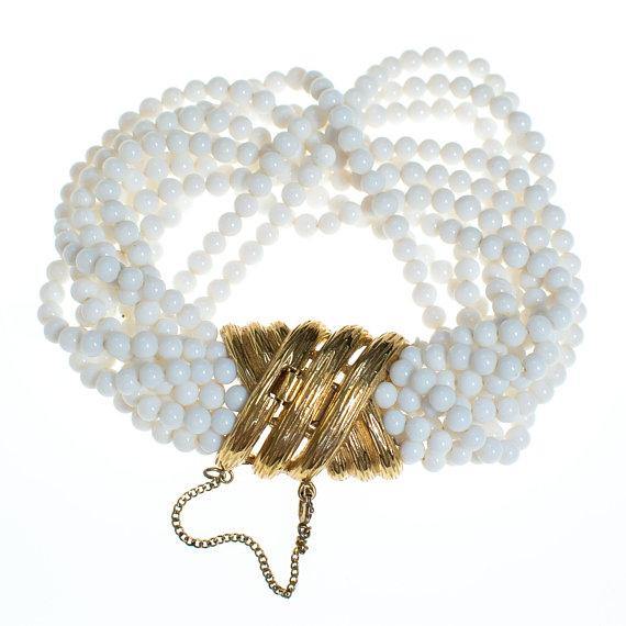 Vintage Ciner White Multi Strand Beaded Bracelet with Gold Clasp by 1970s - Vintage Meet Modern Vintage Jewelry - Chicago, Illinois - #oldhollywoodglamour #vintagemeetmodern #designervintage #jewelrybox #antiquejewelry #vintagejewelry