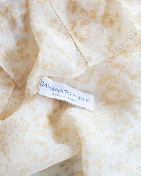 Banana Republic Beige Floral Silk Scarf, Hand Rolled Edges, Yellow and Beige by Banana Republic - Vintage Meet Modern Vintage Jewelry - Chicago, Illinois - #oldhollywoodglamour #vintagemeetmodern #designervintage #jewelrybox #antiquejewelry #vintagejewelry