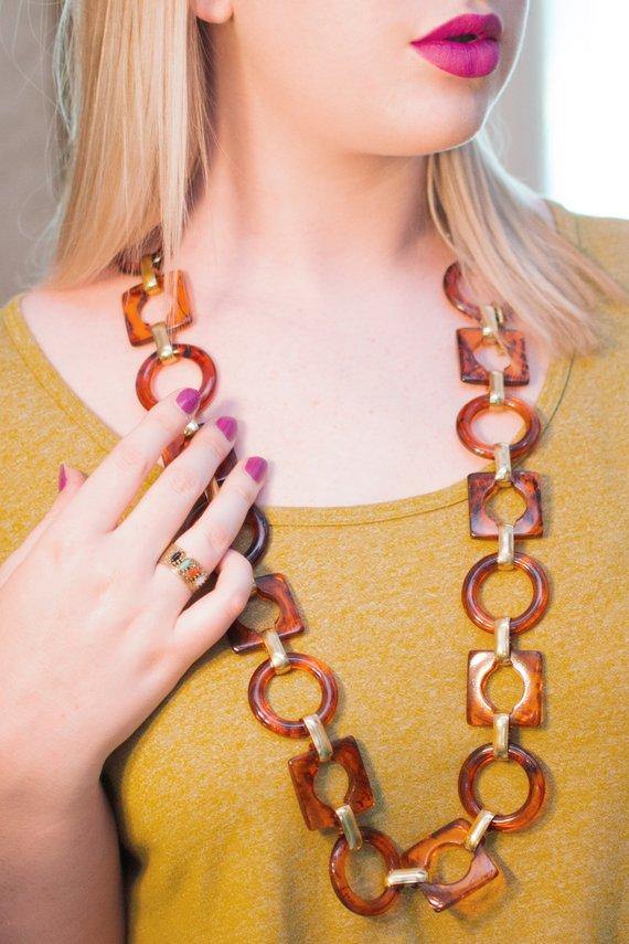 Vintage Yves St. Laurent Vintage Faux Tortoise Necklace, Belt  Gold Tone, Brown Lucite Squares and Circles by Yves St. Laurent - Vintage Meet Modern Vintage Jewelry - Chicago, Illinois - #oldhollywoodglamour #vintagemeetmodern #designervintage #jewelrybox #antiquejewelry #vintagejewelry