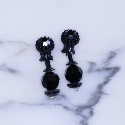 Vintage Jet Black Glass Bead Dangle Clip On Earrings by Austria - Vintage Meet Modern Vintage Jewelry - Chicago, Illinois - #oldhollywoodglamour #vintagemeetmodern #designervintage #jewelrybox #antiquejewelry #vintagejewelry