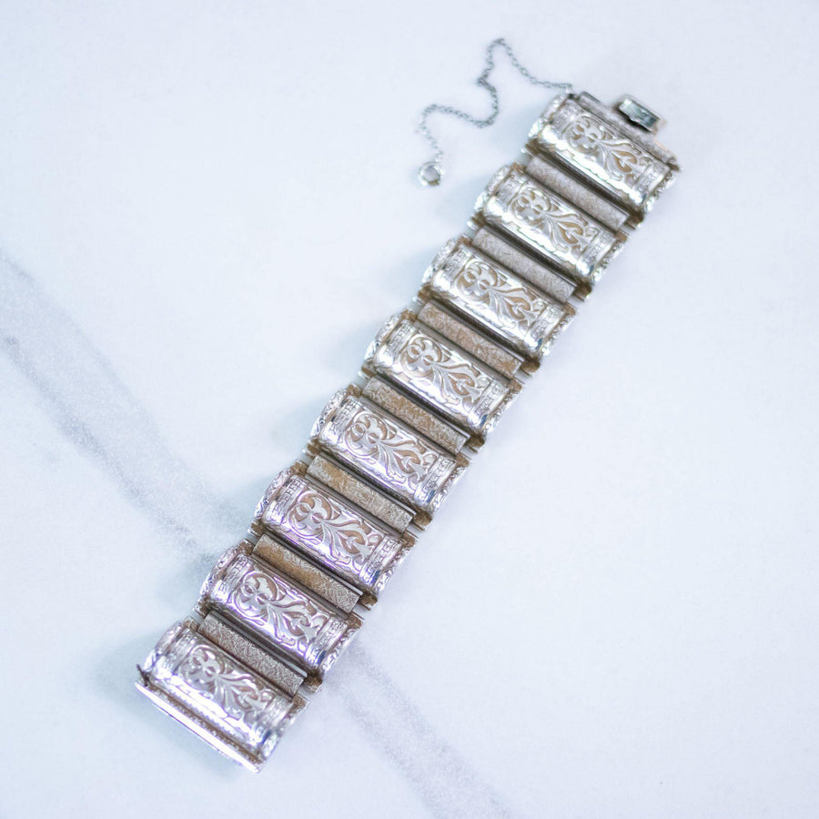 Vintage Whiting and Davis Etched Column Bracelet Victoria Gothic Style by Whiting and Davis - Vintage Meet Modern Vintage Jewelry - Chicago, Illinois - #oldhollywoodglamour #vintagemeetmodern #designervintage #jewelrybox #antiquejewelry #vintagejewelry
