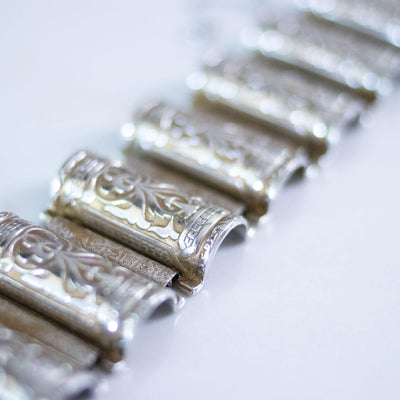 Vintage Whiting and Davis Etched Column Bracelet Victoria Gothic Style by Whiting and Davis - Vintage Meet Modern Vintage Jewelry - Chicago, Illinois - #oldhollywoodglamour #vintagemeetmodern #designervintage #jewelrybox #antiquejewelry #vintagejewelry