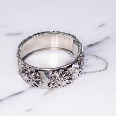 Vintage Silver Repousse Style Acanthus Leaf Hinged Bangle Bracelet by Possibly Unsigned Whiting and Davis - Vintage Meet Modern Vintage Jewelry - Chicago, Illinois - #oldhollywoodglamour #vintagemeetmodern #designervintage #jewelrybox #antiquejewelry #vintagejewelry