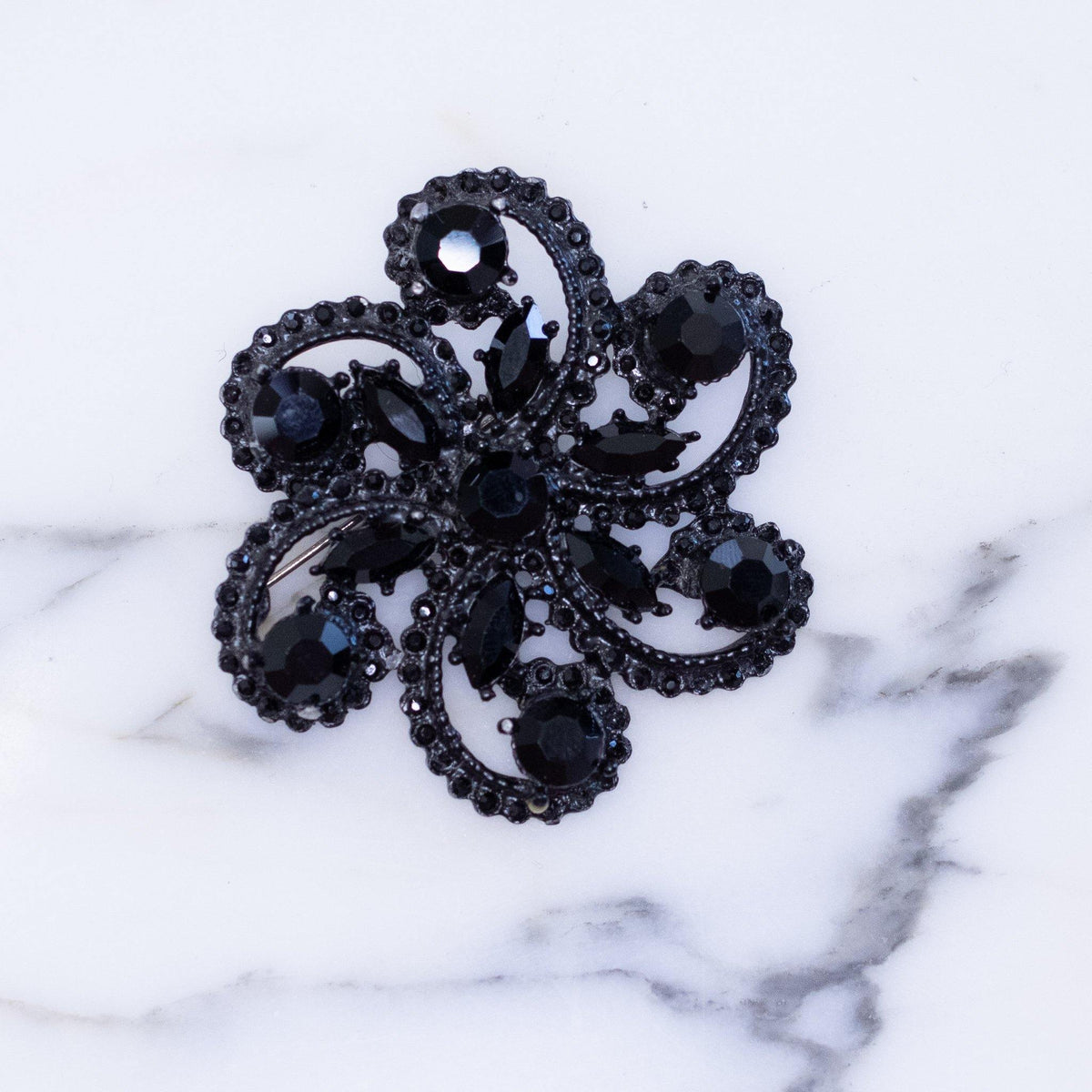 Vintage Black Jet Crystal Rhinestone Brooch