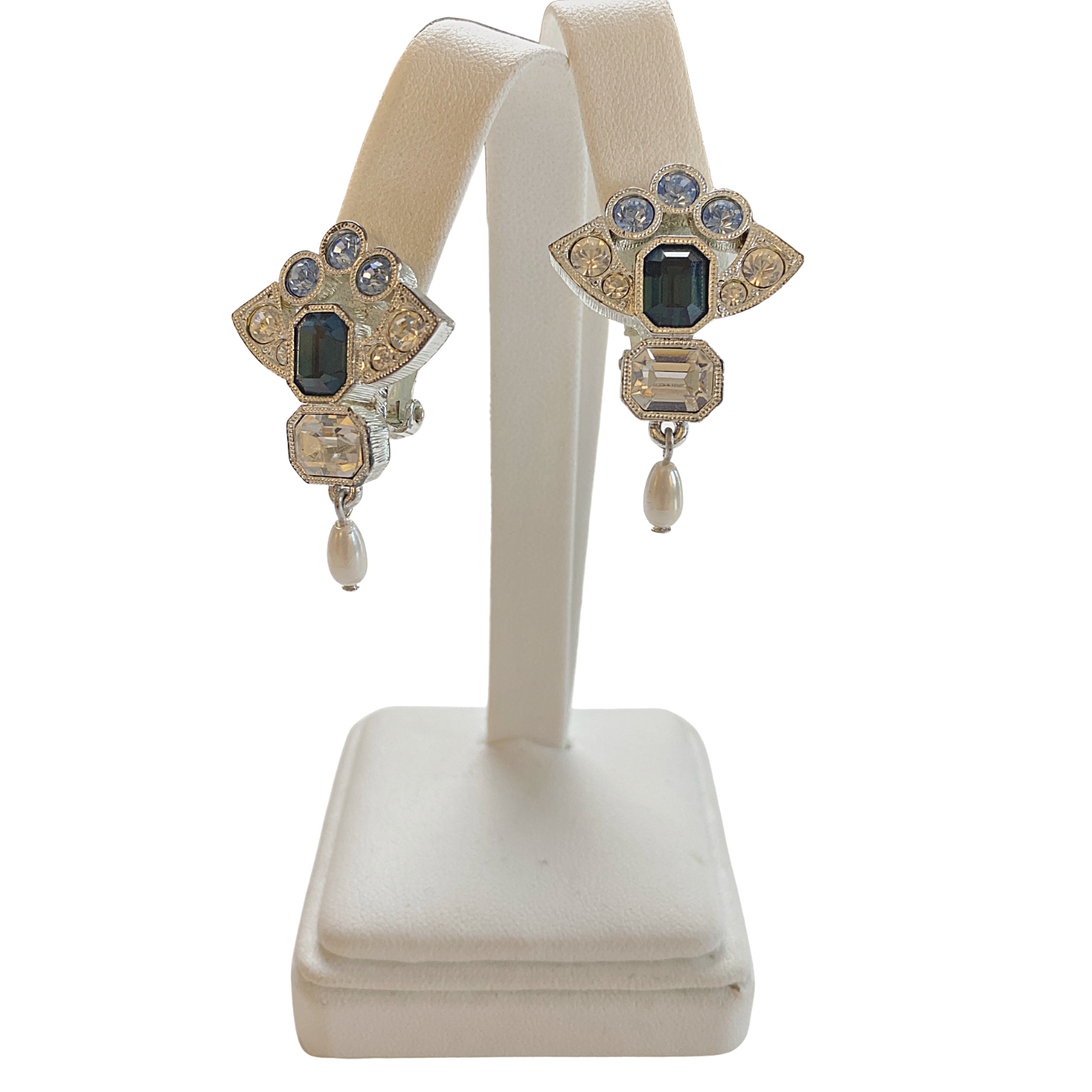 Art Deco Pearl, Sapphire and Diamante Crystal Earrings