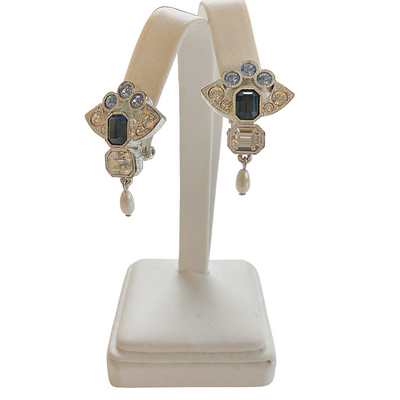 Art Deco Pearl, Sapphire and Diamante Crystal Earrings by Vintage Meet Modern  - Vintage Meet Modern Vintage Jewelry - Chicago, Illinois - #oldhollywoodglamour #vintagemeetmodern #designervintage #jewelrybox #antiquejewelry #vintagejewelry